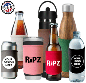 RiPZ Beverage Bands wrapped around a variety of beverage containers showing size adaptation and usage.